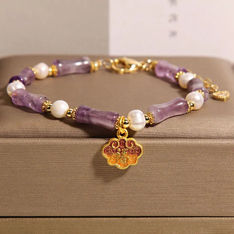 Chinese style stone bamboo glass bracelet for women in amber, green or purple colours