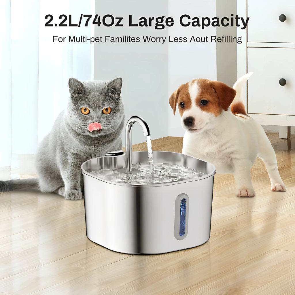 Stainless steel automatic pet water dispenser 2.2L with faucet strip window for dogs and cats