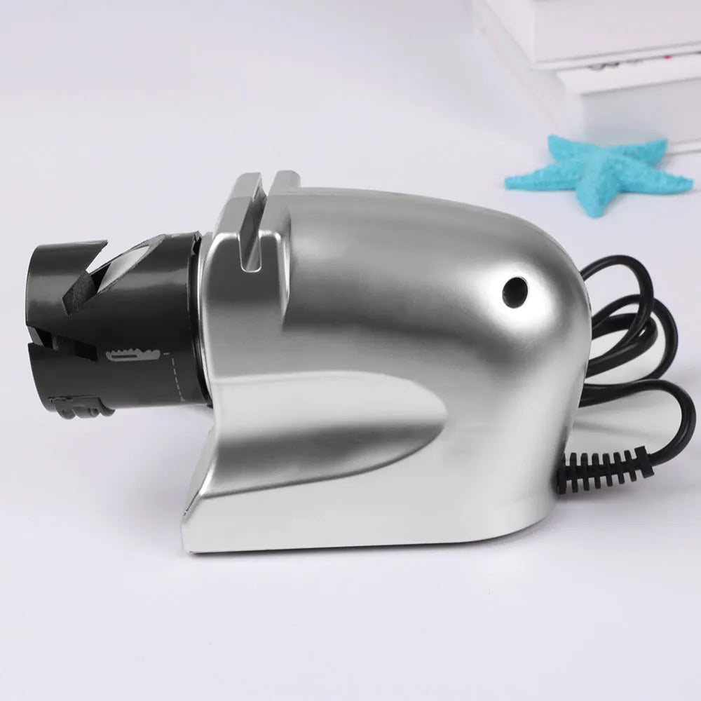 Silver electric knife sharpener with ABS body and gold accents, size 19 x 16.6 x 6.3cm