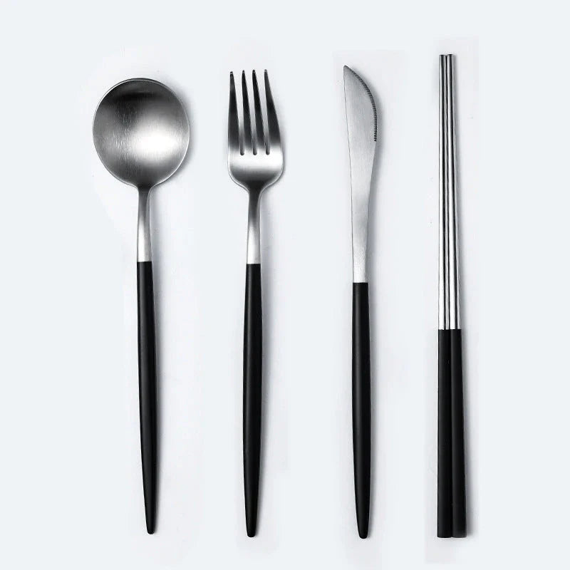 Premium stainless steel cutlery set with a mirror-polished finish, including coffee spoons, dessert spoons, main meal spoons, dessert forks, main forks, and chopsticks, presented in a stylish gift box.