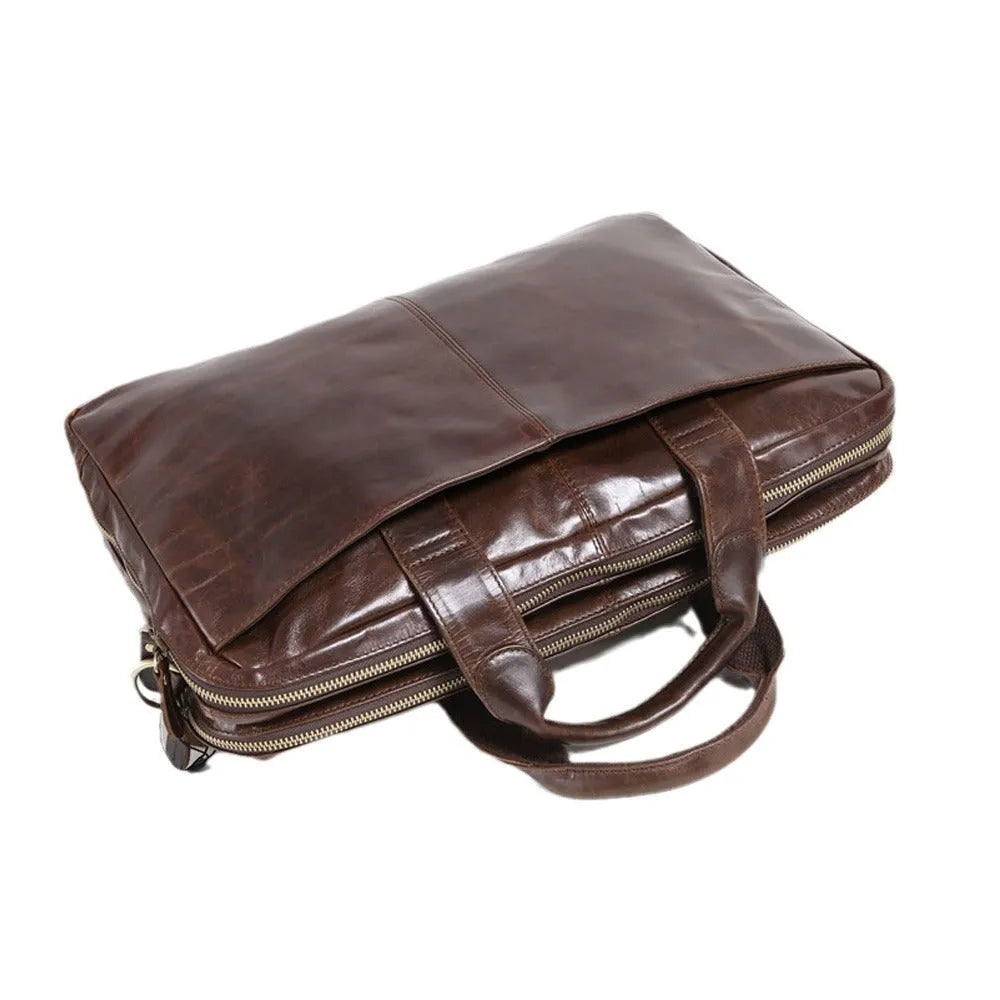 Brown leather business briefcase with 18-inch size and polyester cotton lining