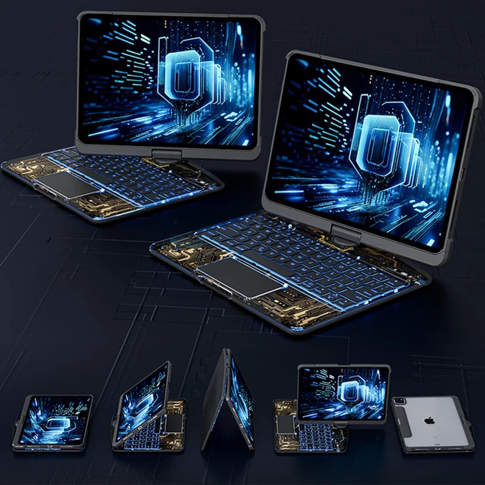 Versatile 360-degree swivel keyboard case with transparent backplate, scissor-style keys, and integrated trackpad for iPad