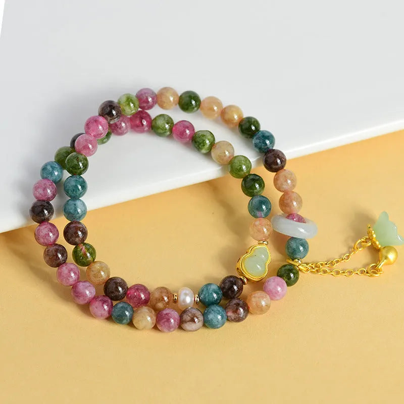 Women's double ring bracelet with geometric 6-6.5mm chalcedony beads in natural crystal tourmaline