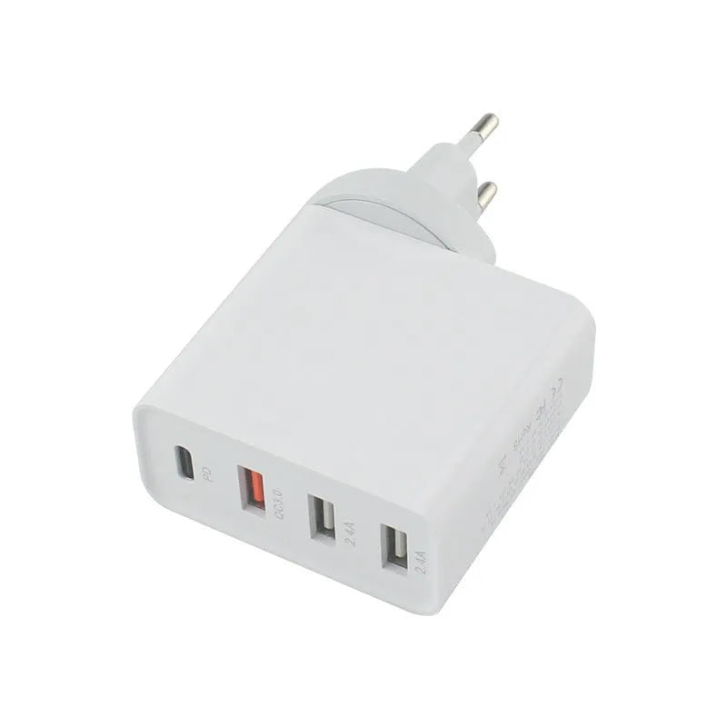 Black or white 48W PD charger with four USB-C ports and interchangeable UK, US, EU, AU plugs.