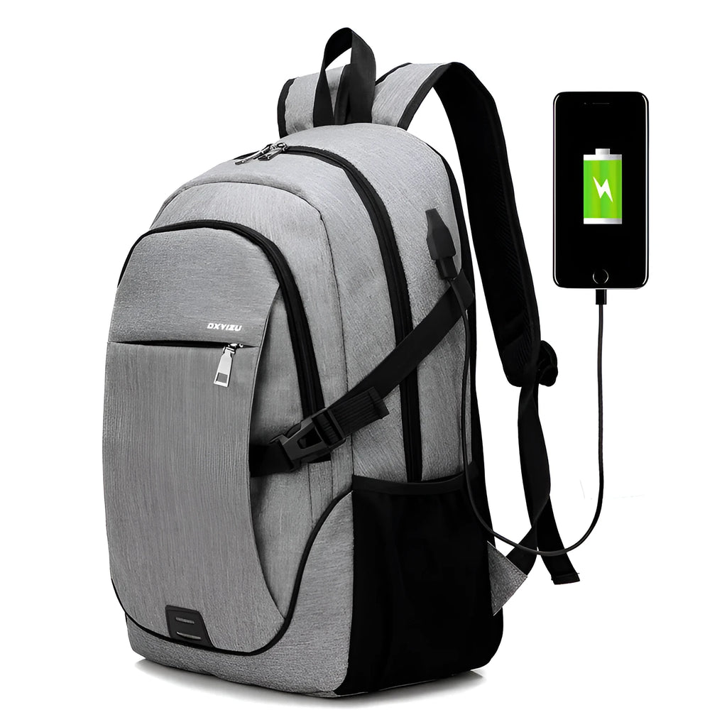 Men's polyester backpack in dark blue with laptop pocket, 32x48x18cm, for business travel and school