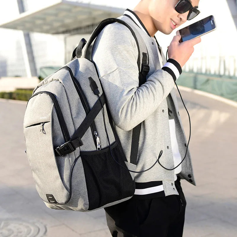 Men's polyester backpack in dark blue with laptop pocket, 32x48x18cm, for business travel and school