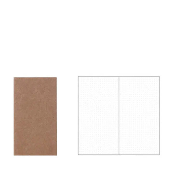 A5 kraft paper travel diary notebook with saddle stitching, open to show lined pages, on a wooden surface
