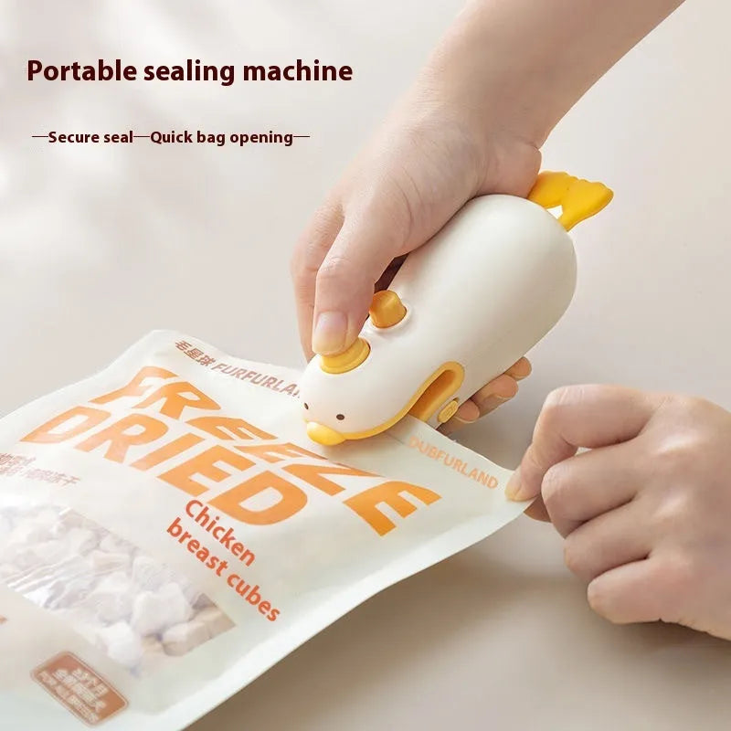 Small yellow duck-shaped rechargeable sealing machine with animal jacquard pattern