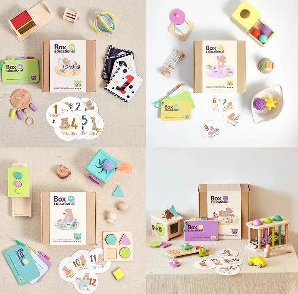 Wooden Montessori rattle set with black and white cards and ball chime in a colour box, ABS baby gift for 0-18 months