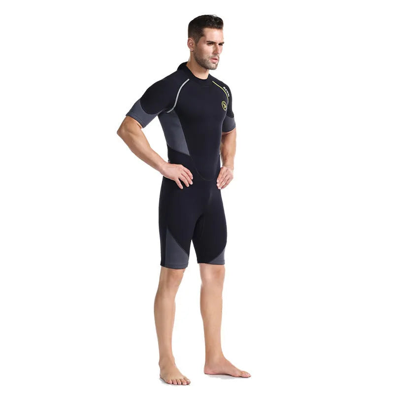 Black men's short sleeve SCR neoprene wetsuit shorts with round neck and YKK zipper, sizes S-4XL