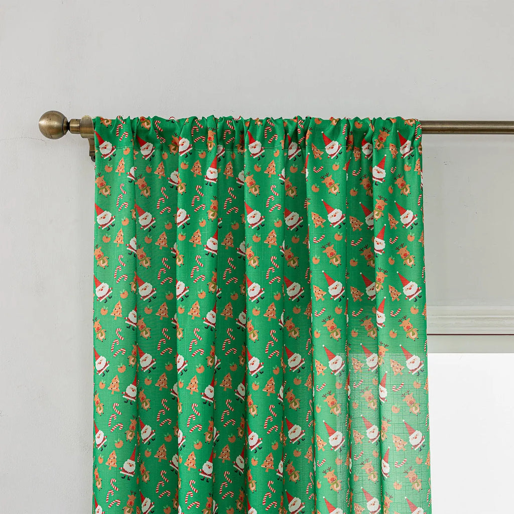 Christmas curtain with snowman angel cartoon print in green or red, 1 metre length