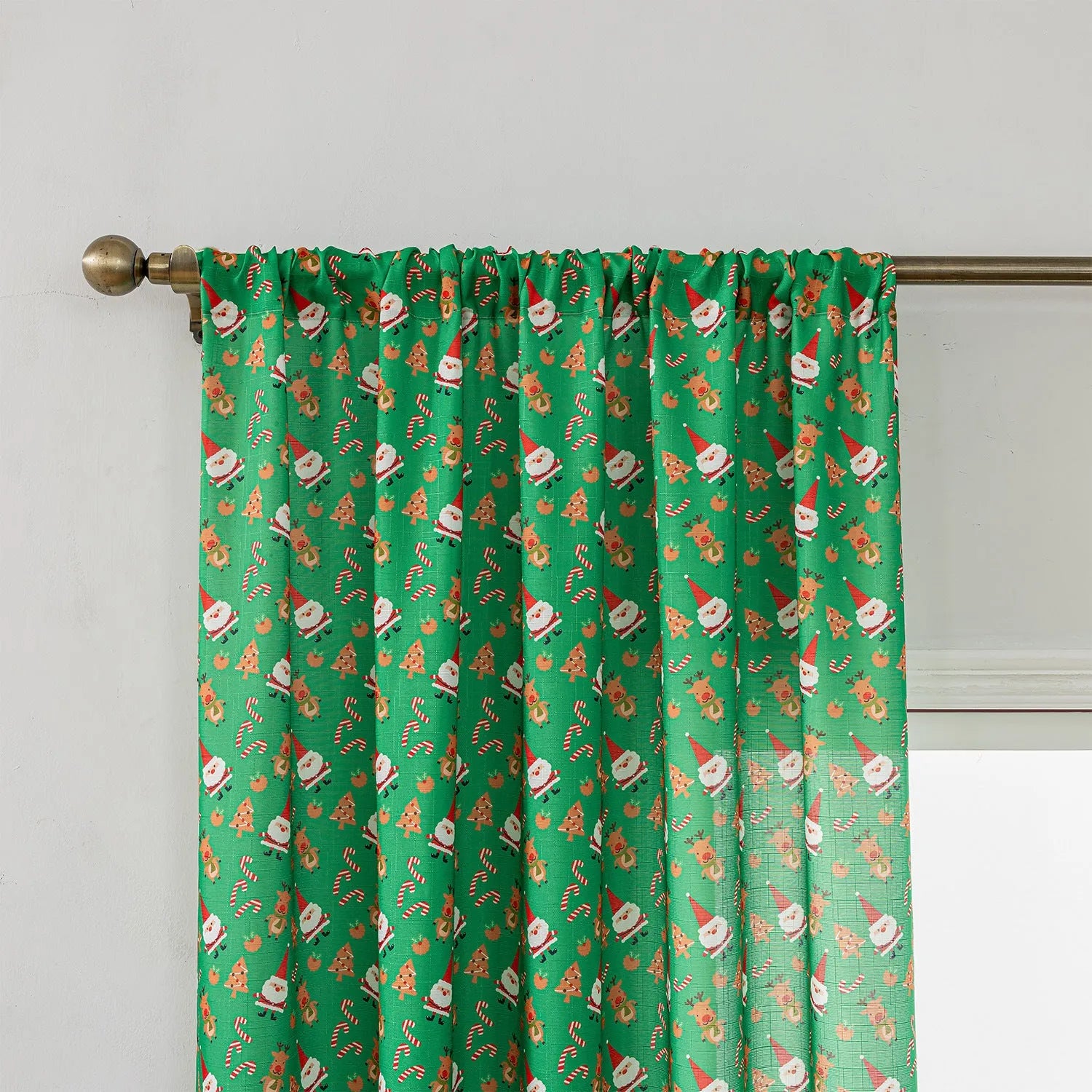 Christmas curtain with snowman angel cartoon print in green or red, 1 metre length