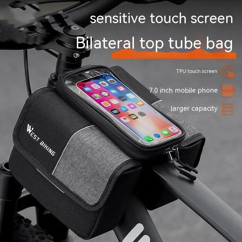 Black and grey Oxford cloth bilateral tube saddle bag with 2L capacity mounted on bike