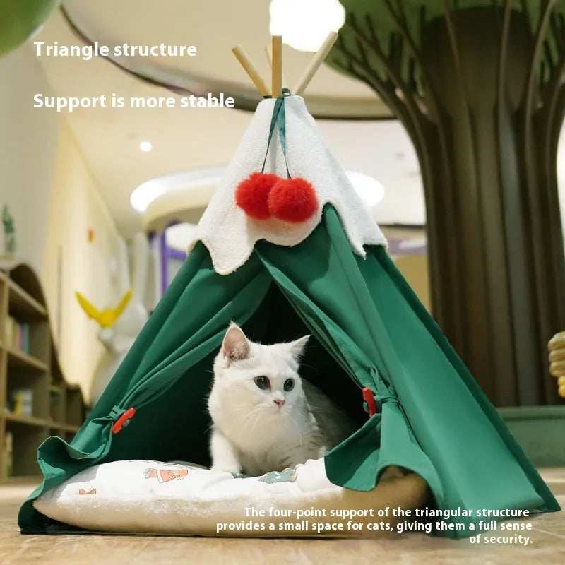 Brown semi-closed cloth cat house bed for winter, shown next to a white mat version.