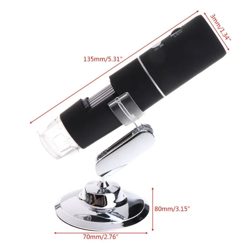 Black microscope magnifier camera phone with 1000x zoom and LED lights showing a sample on a phone screen