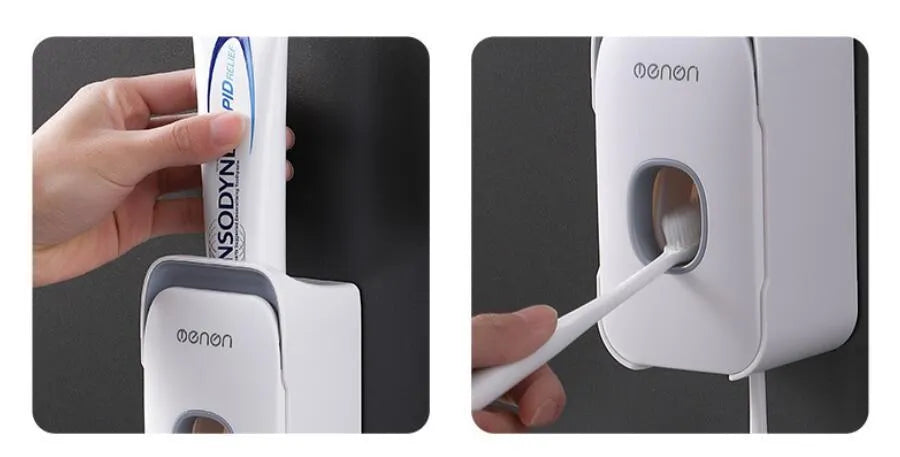 Automatic wall-mounted toothpaste dispenser in blue, grey, or pink colours