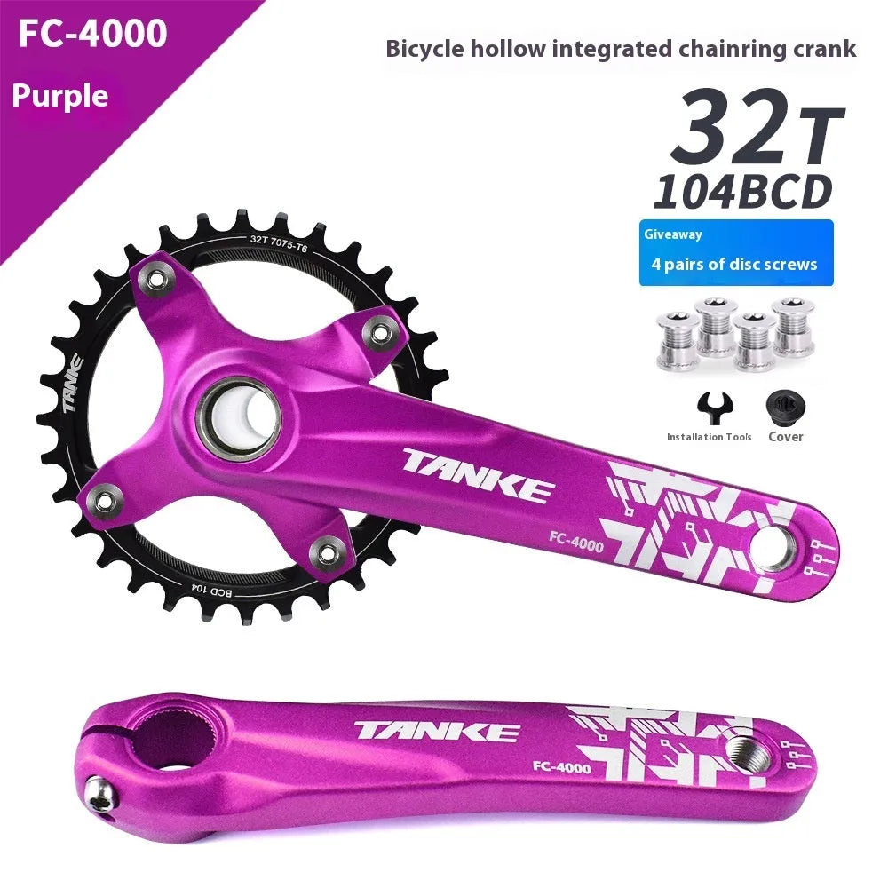 Mountain bike GXP crank set with aluminium alloy tooth plate and steel central shaft in black, red or purple