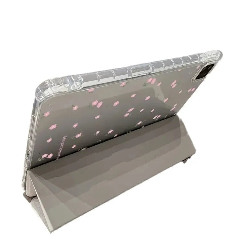 Transparent floral tri-fold tablet case for iPad showing magnetic stand position