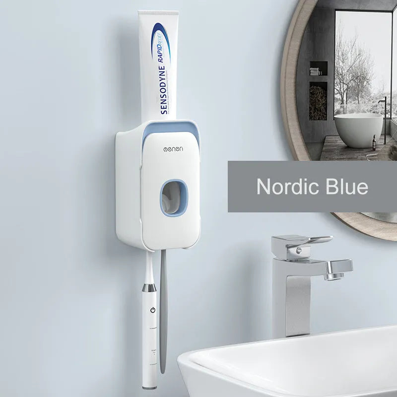 Automatic wall-mounted toothpaste dispenser in blue, grey, or pink colours