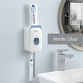 Automatic wall-mounted toothpaste dispenser in blue, grey, or pink colours