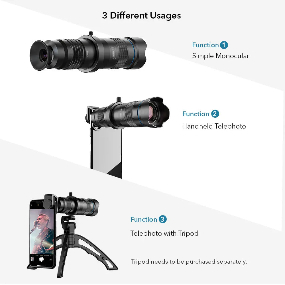 High power portable outdoor glasses with 36x optical zoom monocular and miniature tripod in black