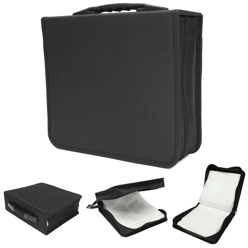 Black Oxford cloth CD and DVD storage organiser bag with a hand strap and zipper.