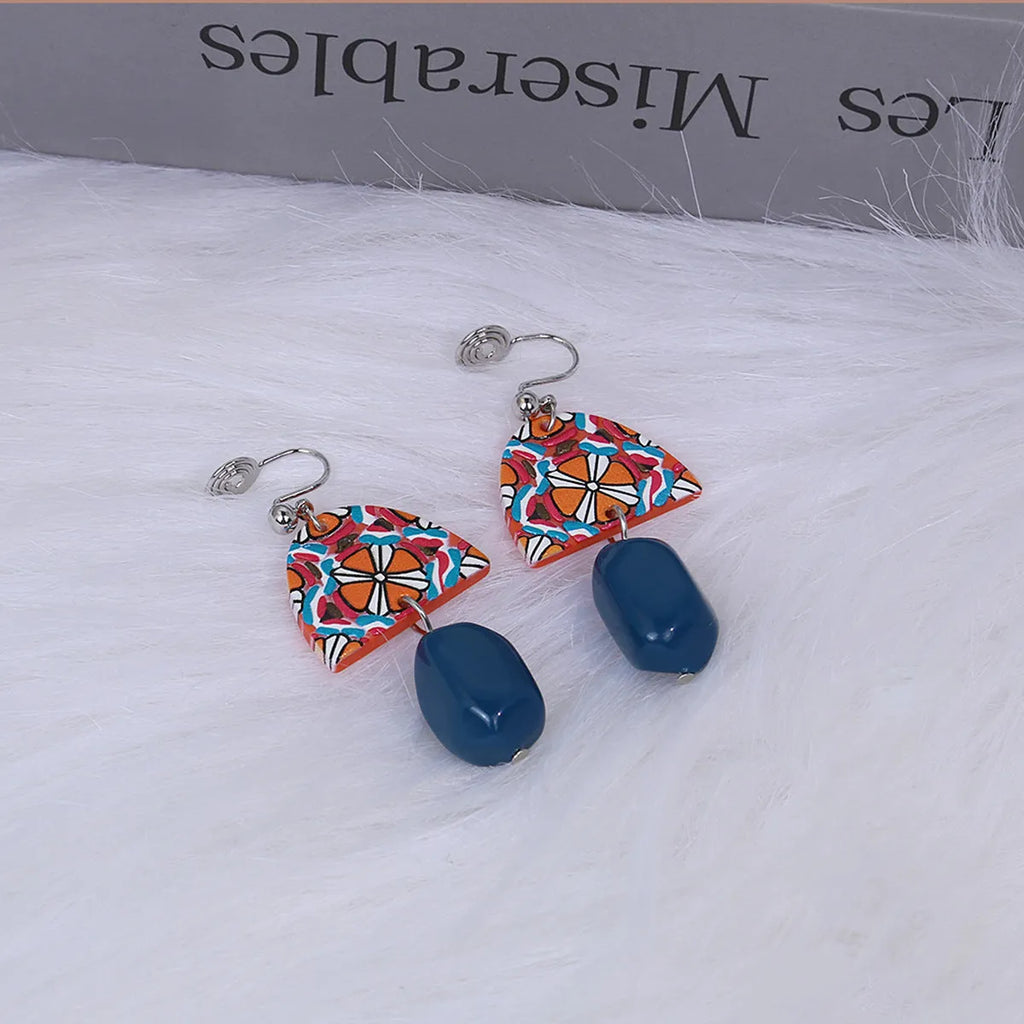 Retro yellow and blue acrylic earrings with irregular geometric shape and electroplated finish, one pair