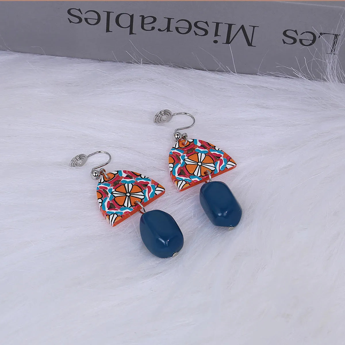 Retro yellow and blue acrylic earrings with irregular geometric shape and electroplated finish, one pair