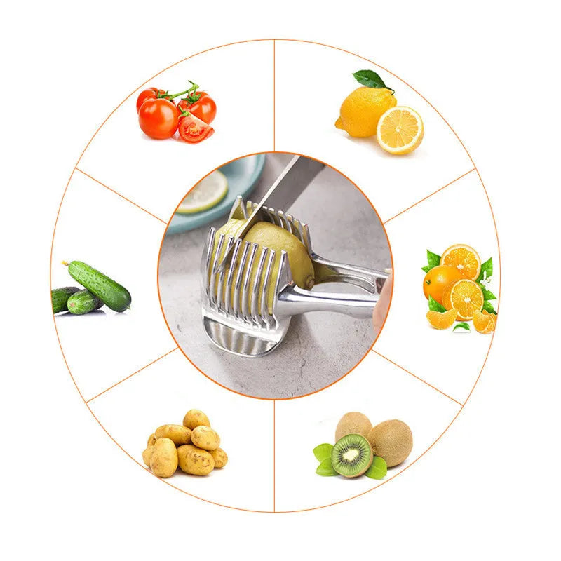 Silver-coloured plastic foldable lemon slicer kitchen gadget for cutting fruits and cakes