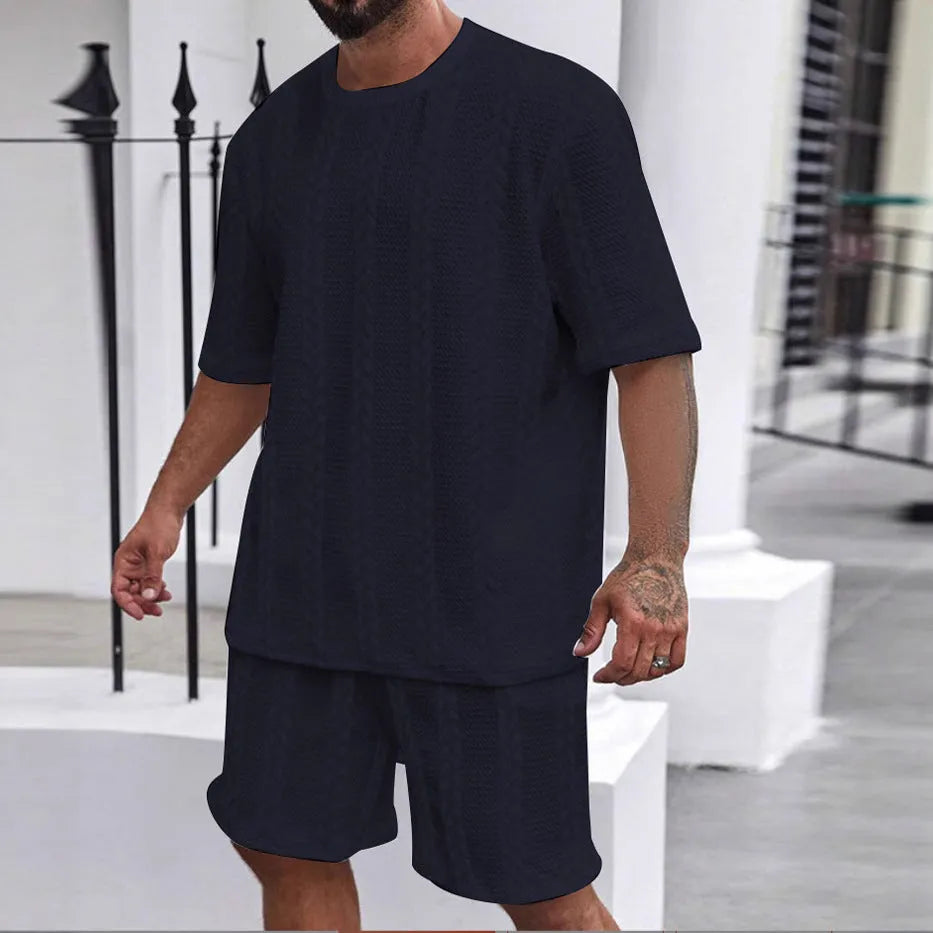 Knitted solid colour Jacquard short sleeve pullover top and matching shorts casual summer set.