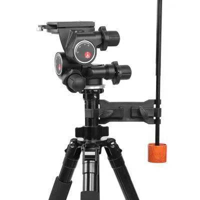 Black ABS umbrella clip attached to camera tripod shaft with umbrella in mounting position