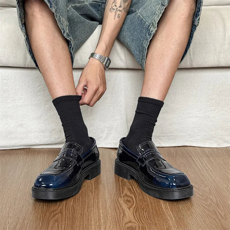 Hong Kong style thick-soled British leather casual shoes for men square toe rubber sole