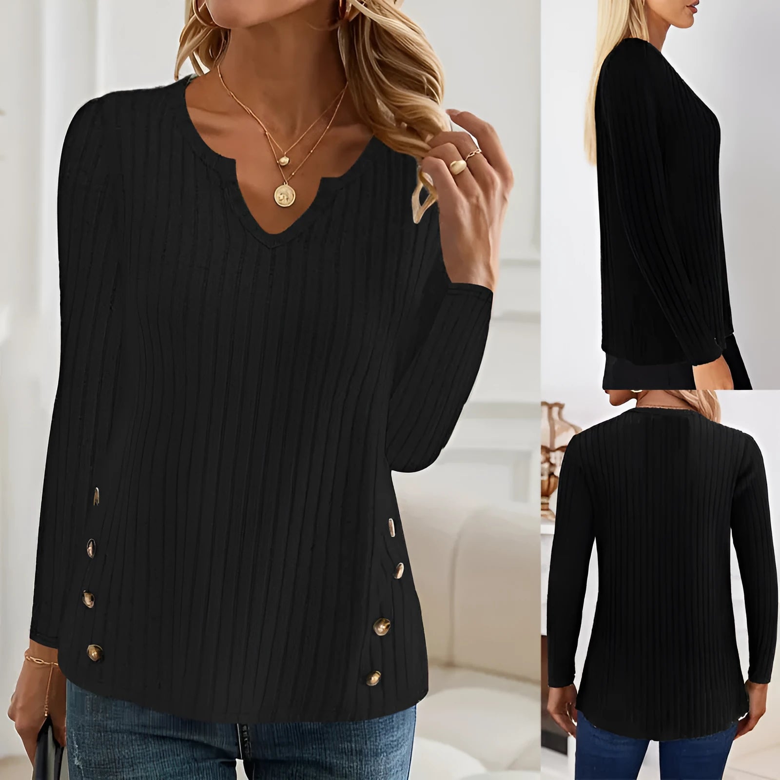 A simple solid colour knitted pullover sweater with button detailing on the front.