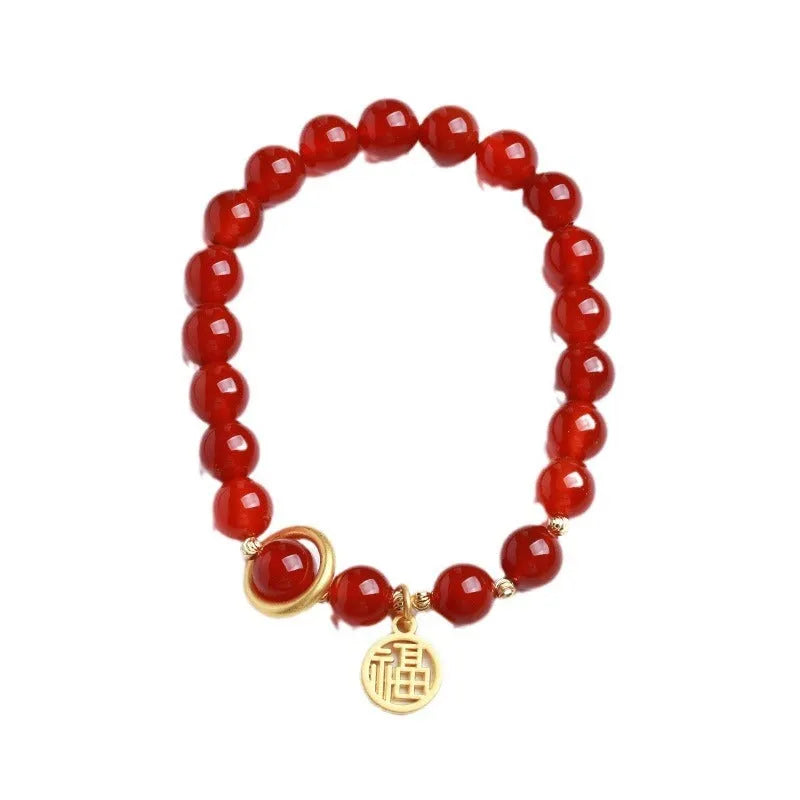 Natural red agate bracelet with blessing card in national style.