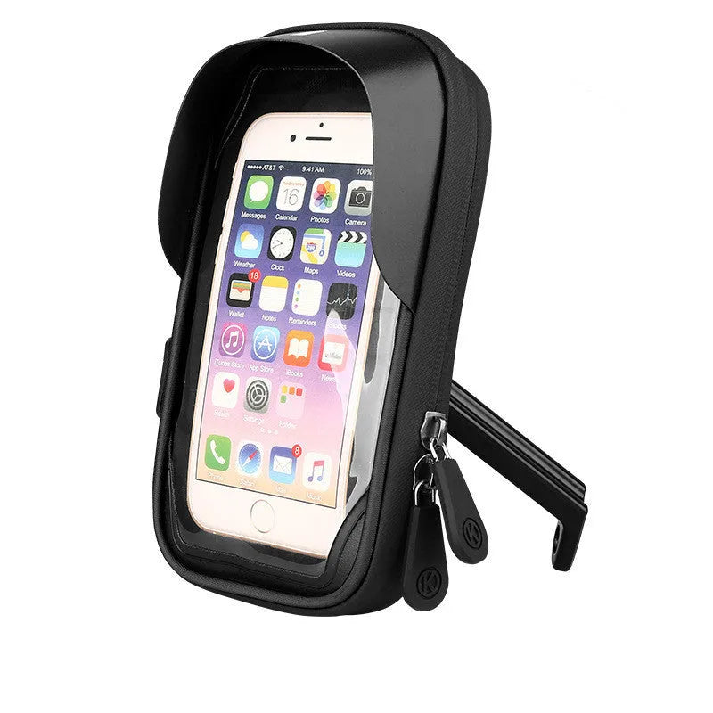 Black TPU mobile phone mount with touch screen shown on a bicycle handlebar.