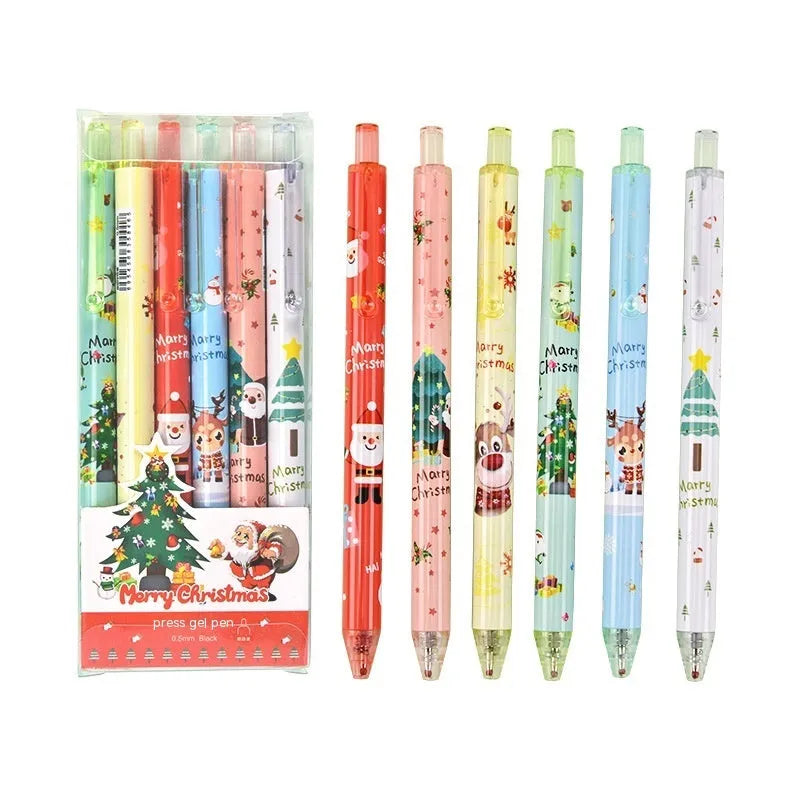 Six colourful cartoon press gel pens with black ink in plastic shells as Christmas gift set