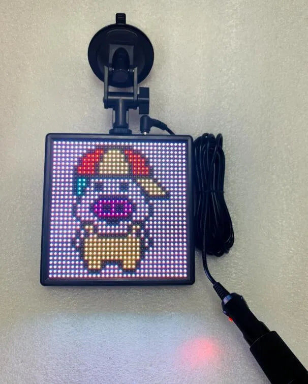 Bluetooth wireless LED car display screen with aluminium frame showing RGB graphics