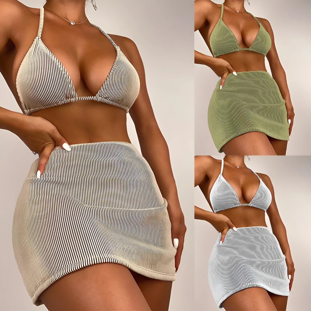 Women's three-piece bikini swimsuit set in polyester fabric with four colour options