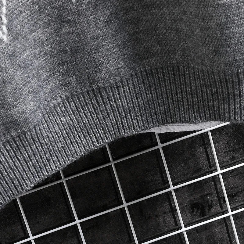 Men's loose fit geometric pattern long sleeve round neck sweater in black, grey, and red colour options