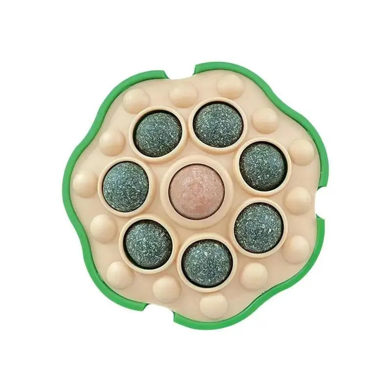 Green lotus-shaped adhesive catnip ball toy for cats, shown with dimensions approximately 10.5cm.