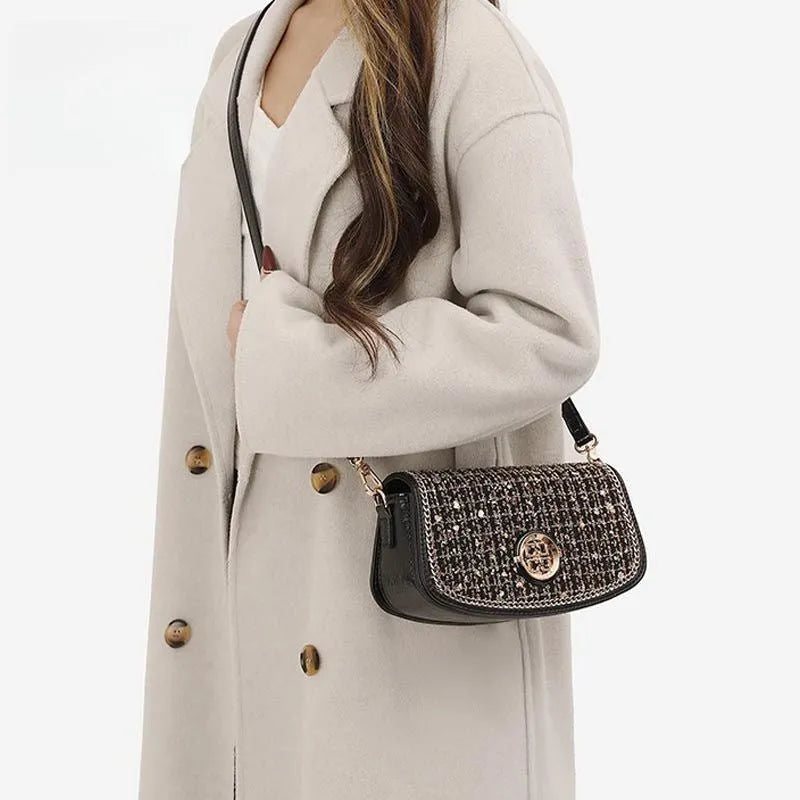 Black polyester crossbody underarm chain shoulder bag for commuting and leisure travel with chain detail