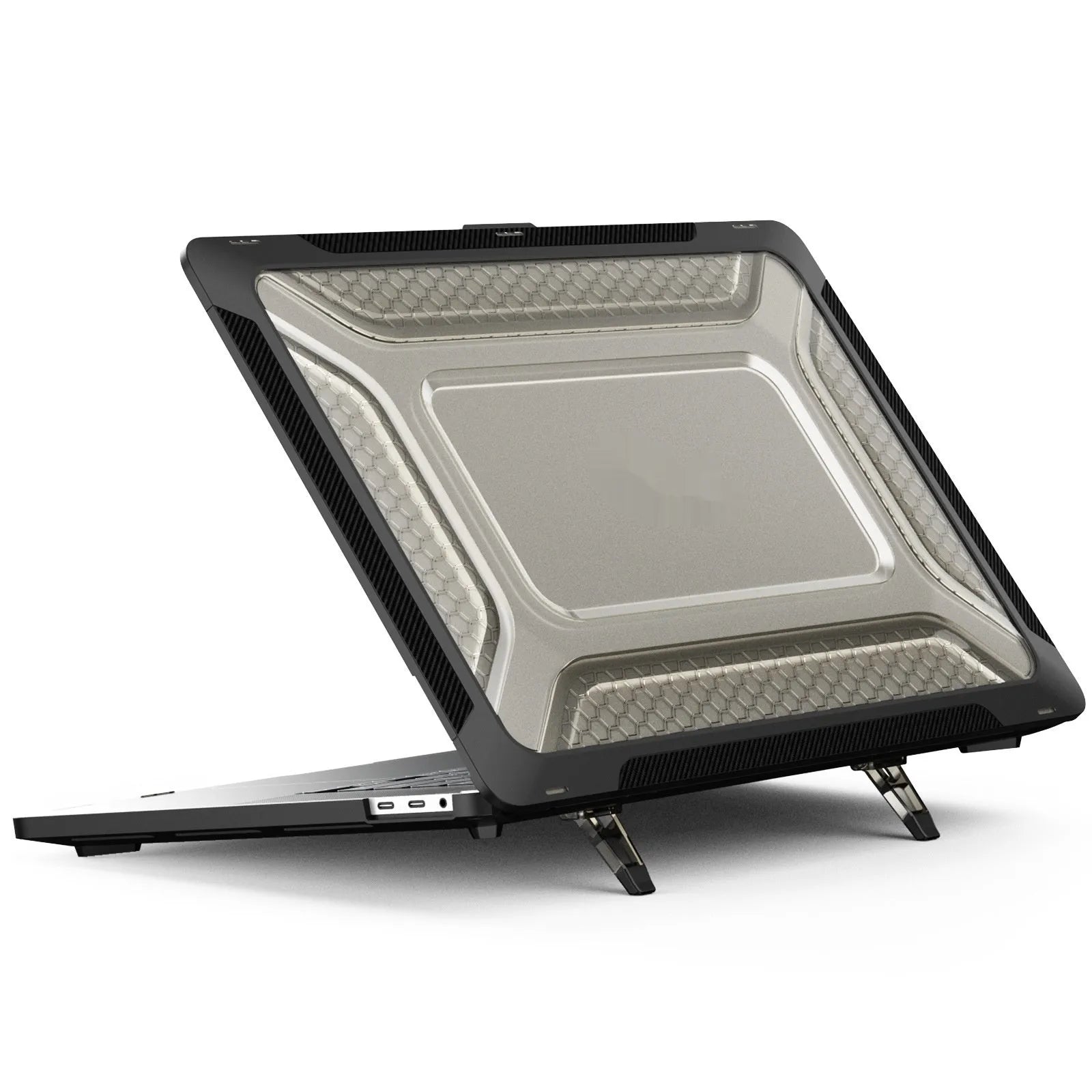 MacBook protective shell case in four colour options showing compatibility with Air and Pro models
