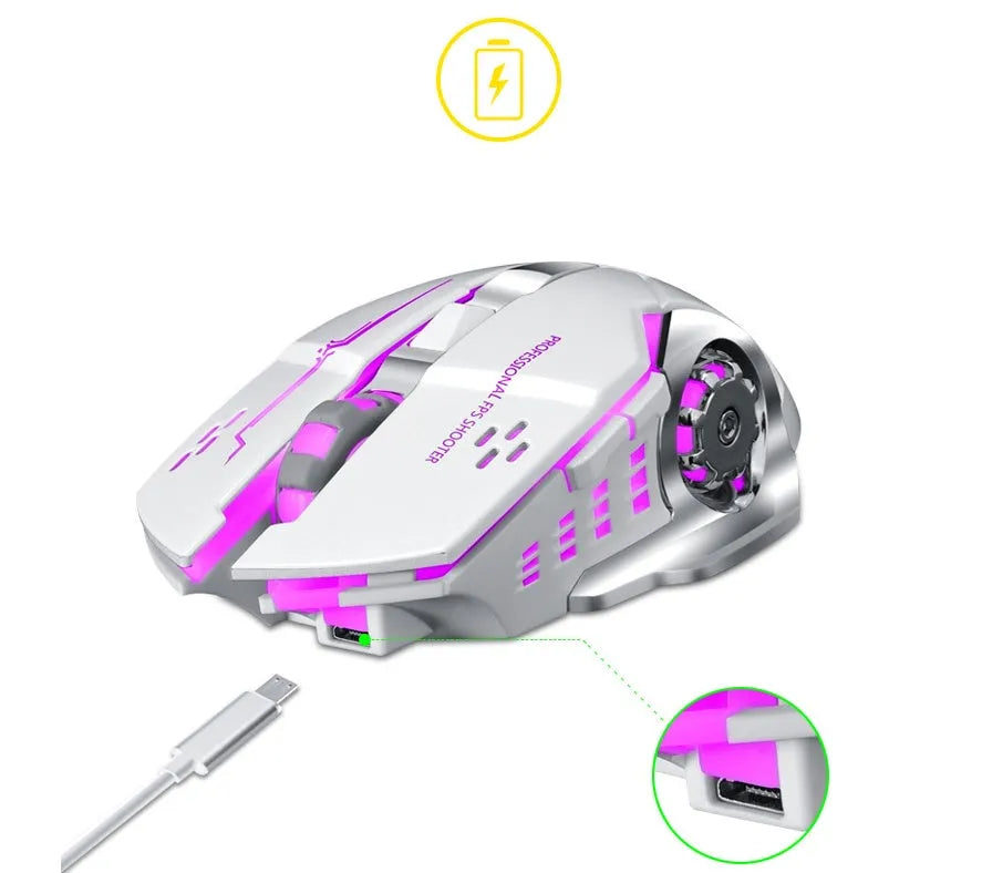 Black and white wireless computer mouse with six buttons and mute function for laptop use