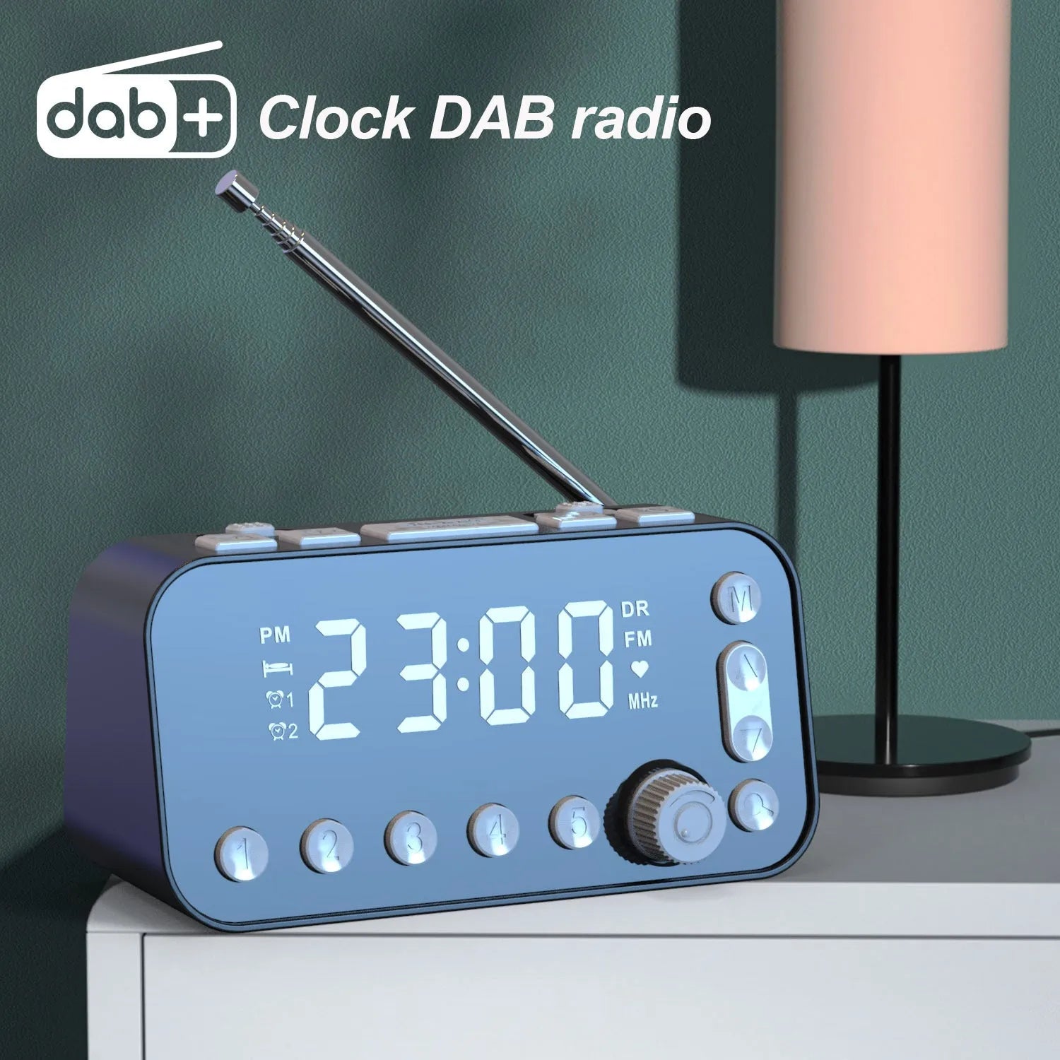 Black DAB+ bedside alarm clock with large LED display, upgrade pig tail antenna, and two USB charging ports.