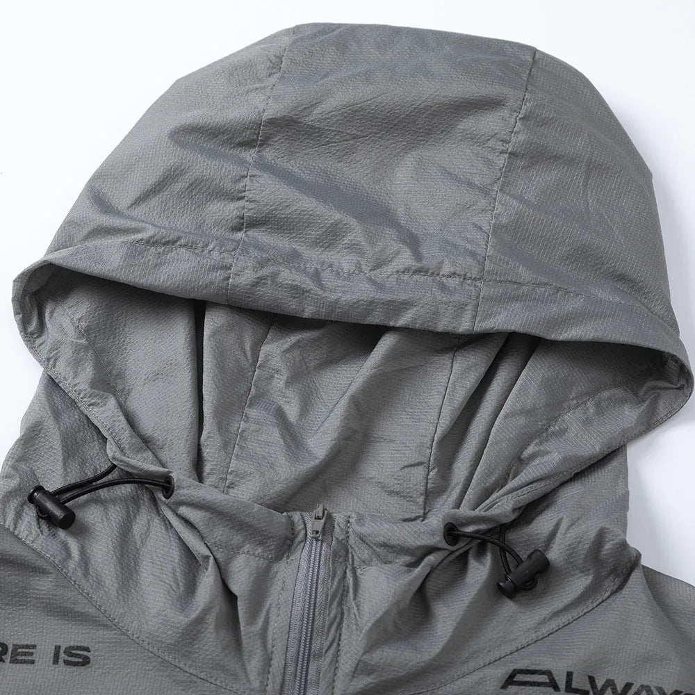 Men's nylon sun protection jacket with letter print, gray, front view, for leisure wear