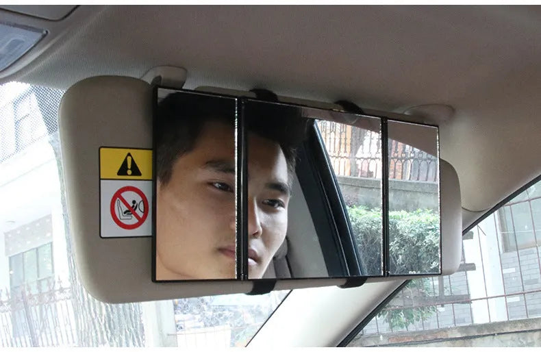 Silver car folding makeup mirror shown open and closed with dimensions