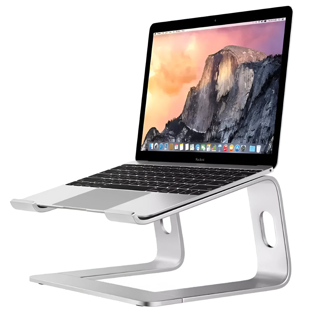 Aluminium alloy notebook cooling bracket in black on a desk with a laptop placed on it