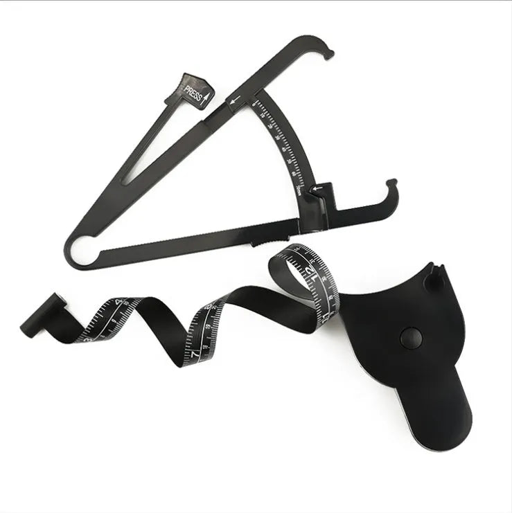 Black ABS plastic body fat caliper measuring skin fold thickness with a 0-70mm scale.