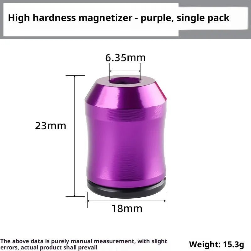Alloy magnetizing apparatus for hexagonal handle bits and electric drill bits, shown in blue, green, purple, red, or yellow.