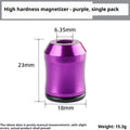 Alloy magnetizing apparatus for hexagonal handle bits and electric drill bits, shown in blue, green, purple, red, or yellow.